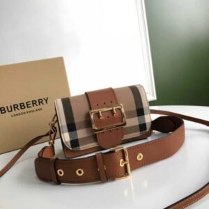 BURBERRY BLACK MADISON SMALL CHECK LEATHER BUCKLE CROSSBODY BAG ( BROWN )