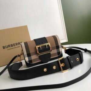 BURBERRY BLACK MADISON SMALL CHECK LEATHER BUCKLE CROSSBODY BAG ( BLACK )