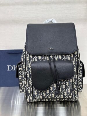 CHRISTIAN DIOR_ SADDLE BACKPACK BEIGE BLACK OBLIQUE JACQUARD AND GRAINED CALFSKIN BAG WITH DUST COVER PREMIUM QUALITY